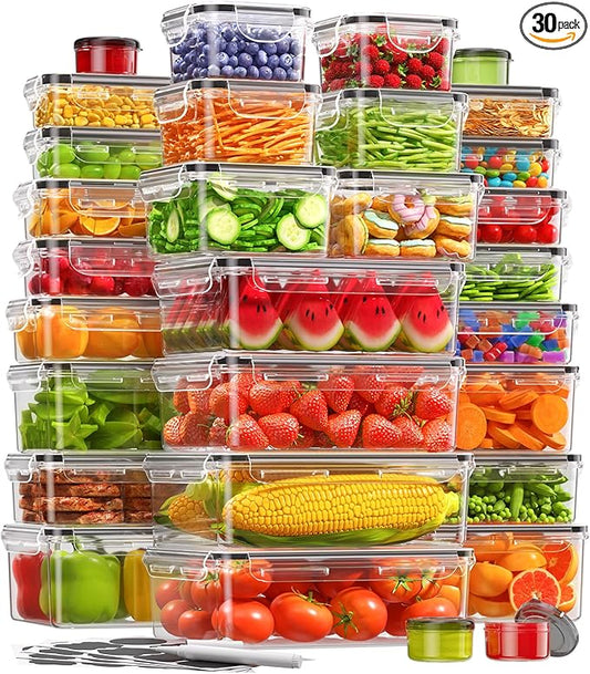 60 PCS Food Storage Containers with Lids(30 Containers & 30 Lids), BPA-Free Plastic Food Containers for Kitchen Storage, Leak Proof, Reusable Meal Prep Containers with Labels & Pen
