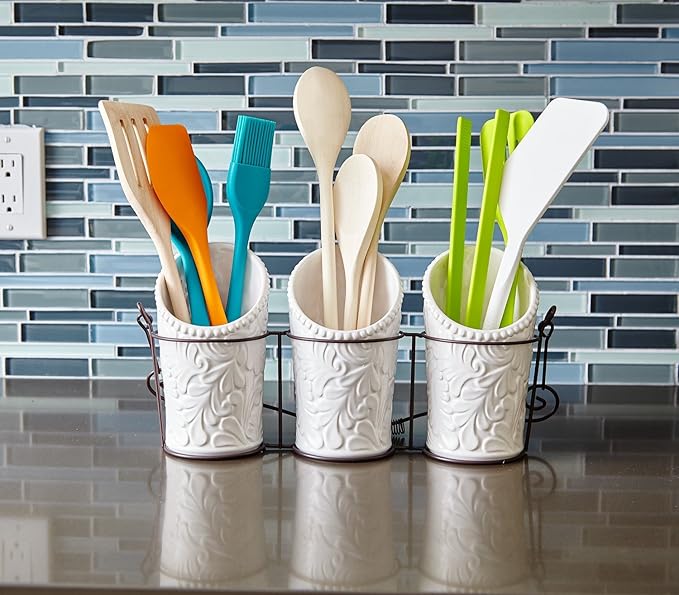 Kitchen Tool Crock (4 Pieces) - 3 Ceramic Utensil Holders (4" Dia x 7" H each) & 1 Metal Caddy - White & Embossed Design