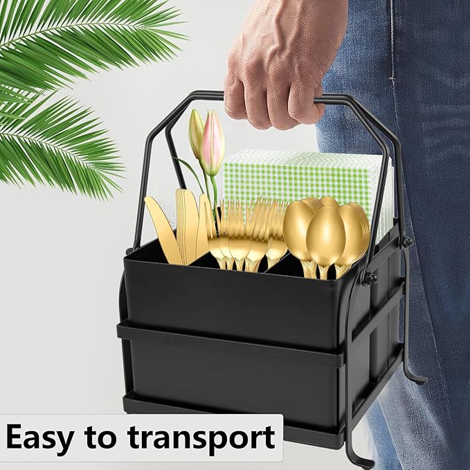 Silverware Caddy Utensil Organizer With Handle, Outdoor Picnic and Camping Utensil Holder, Flatware Holder for Party Gatherings, Metal - Black