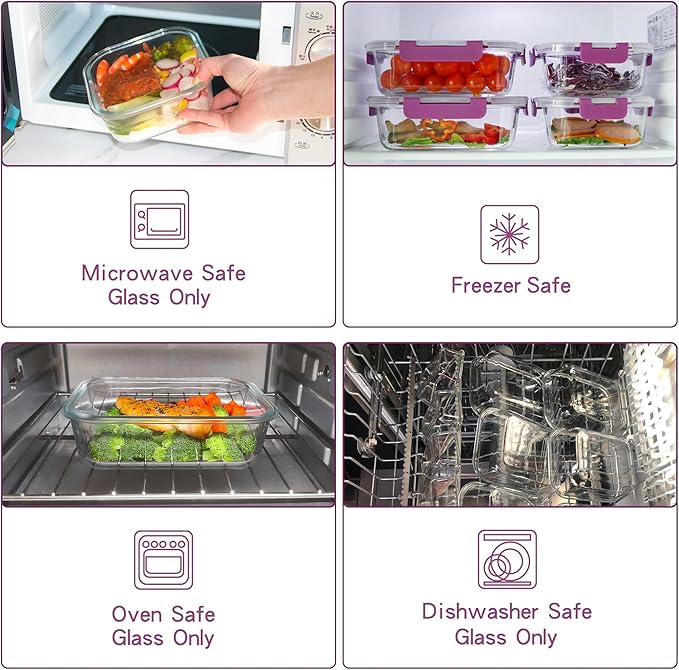 UMEIED 12 PACK Glass Food Storage Containers with Leak Proof Lids, Glass Airtight Meal Prep Containers Set for Lunch, On the Go, Leftover, Kitchen Pantry Organizers and Storage (Purple)