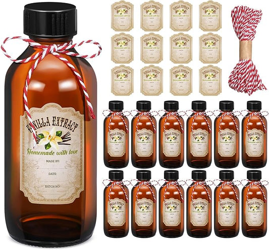 Uiifan 12 Pack Amber Glass Bottle Boston Round Bottles with Caps Brown Vanilla Extract Jars and 12 Pcs Vanilla Extract Stickers for Syrup Gift Glass Jar Food Storage Canister Set Sauce Beans(2 oz)