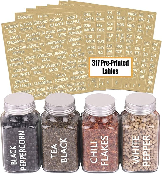 SWOMMOLY 25 Glass Spice Jars 6 oz Empty Square Spice Bottles with 703 Spice Labels, Chalk Marker and Funnel Complete Set. Spice Containers with Airtight Cap, Pour/sift Shaker Lid