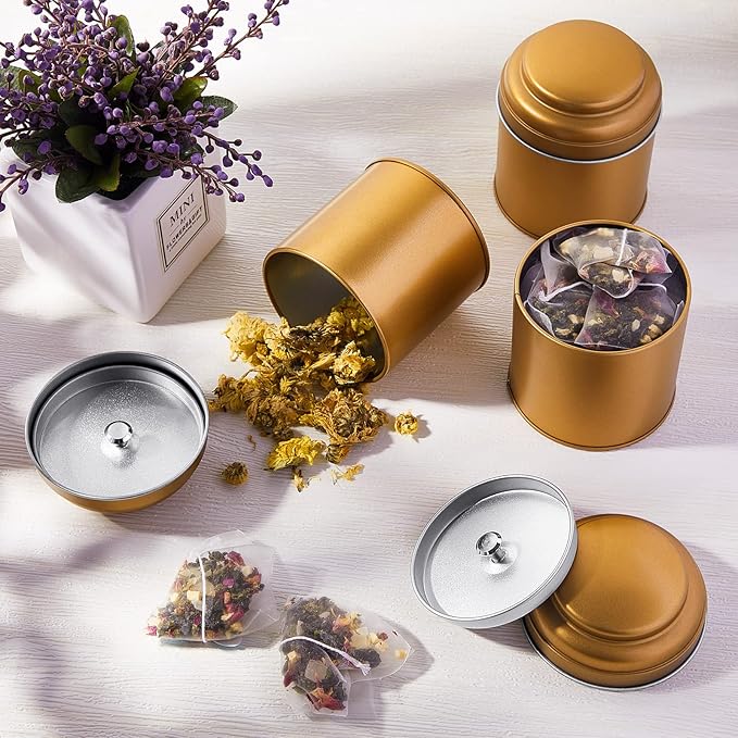 12 Pcs Tea Tin Canister with Airtight Double Lids 8 oz Round Tin Can Box Small Kitchen Tea Canister Loose Leaf Storage Containers for Loose Bags Coffee Sugar Candy Spices(Bronze Gold)