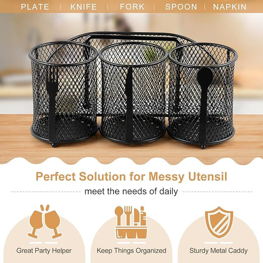 Metal Utensil Caddy Silverware Organizer, Paper Plate Holder Cutlery Container, Flatware Spoon Fork Storage for Outdoor Party Camping Picnic Buffet RV BBQ Farmhouse Kitchen Countertop (Black)