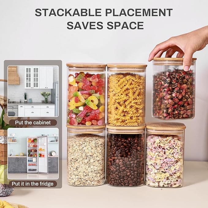 Glass Food Storage Jars 6-Pack 37oz - 4x6 in-Clear Glass Food Canisters with Bamboo Lid Airtight For Serving Tea, Coffee, Flour, Sugar, Candy, Cookie, Spice and More shutiao