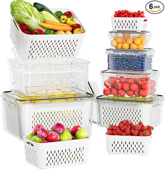 6 Pcs Large Fruit Containers For Fridge, Airtight Food Storage Containers with Removable Colander, Dishwasher & Microwave Safe, Berry Produce Container Keep Vegetable, Fruit, Meat Fresh Longer