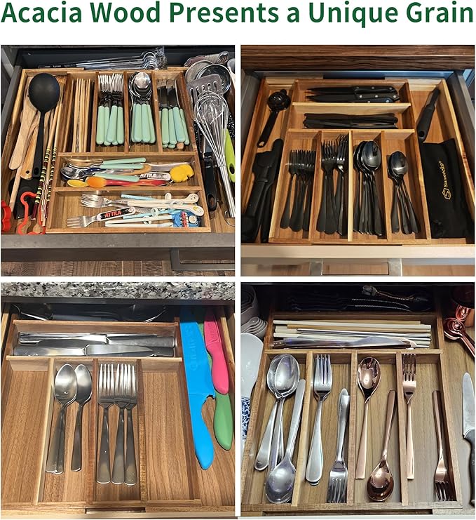 Utoplike Acacia Silverware Drawer Organizer for Cutlery, Adjustable Kitchen Utensil Drawers Organizers, Expandable Wooden Flatware Caddy, Dividers for Knives, Forks, Spoons, 6-8 Slots