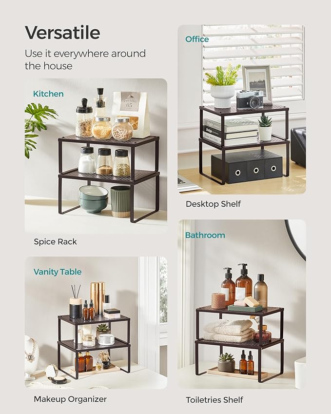 SONGMICS Spice Racks, Cabinet Shelf Organizers, Shelf Organizers, Countertop Organizers, Shelf Risers, Stackable, Expandable, Set of 4 Metal Kitchen Counter Shelves, Brown UKCS06BR