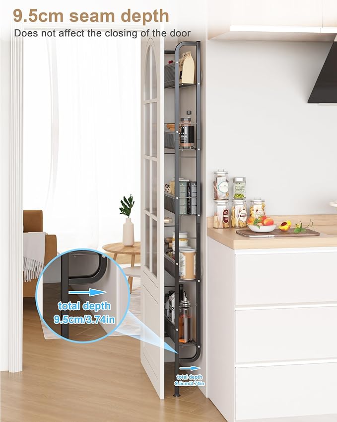 UMDONX Behind The Door Bathroom Shelf Narrow 5-Tier, Space-Saving Slim Bathroom Storage Shelf Narrow Shelving Unit for Bathroom and Kitchen Black