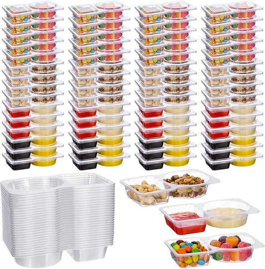 60 PCS Double Compartment Condiment Container with Lids, 5 oz Disposable Plastic Mini Sauce Cups, Compartment Snack Box, Grab and Go Snack Containers Reusable for Salsa (60, 2 Compartment)