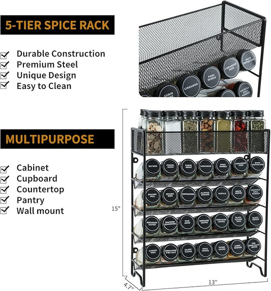 Spice Rack Organizer with 28 Spice Jars, Black Lids，Spice Labels, Chalk Marker and Funnel Set for Cabinet, Countertop, Pantry, Cupboard or Wall Mount