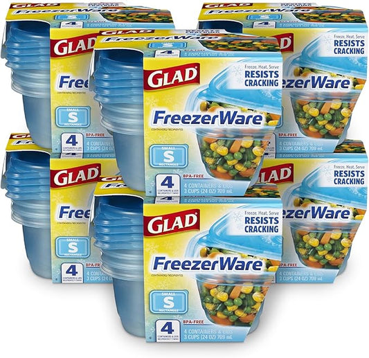 Gladware Freezerware Food Storage Containers, Small Rectangle Holds 24 Ounces of Food, 4 Count Set | Freezer Safe Food Containers to Preserve Freshness | 6 Count, 24 Containers Total