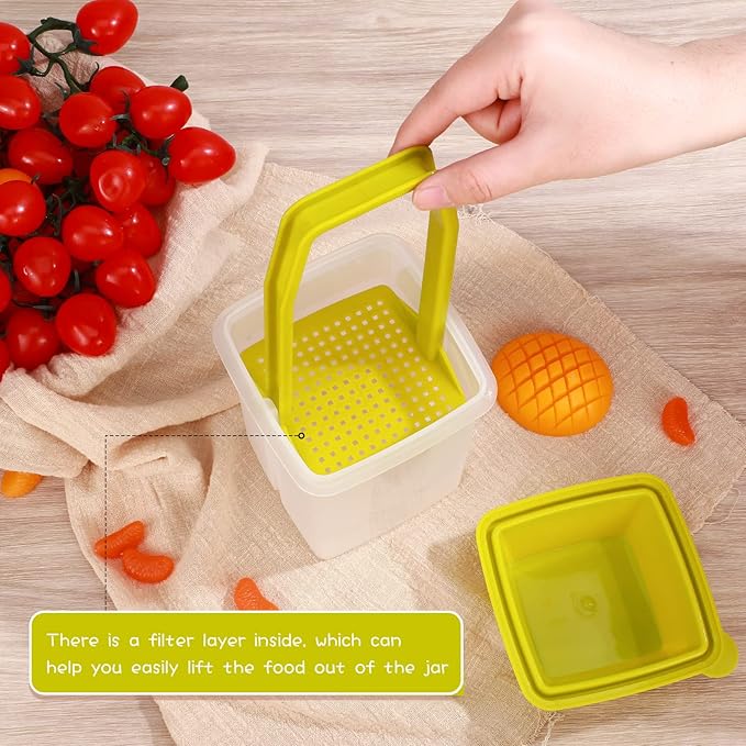 Chengu 3 Pieces Jalapeno Pickle Containers with Strainers Square Dispensers Free Storage of Condiment Food Pickle Holder with Easy to Open Lid Design for Pickled Kitchen Tools(Green)