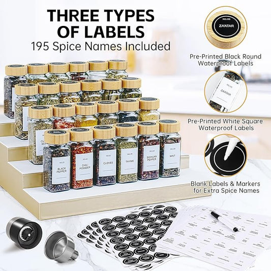 Spice Jars, 24 Pcs 4oz Seasoning Jars with Label, Glass Jars with Bamboo Lids, Spice Containers Bottles with Pepper Grinder & Stainless Steel Funnel for Seasoning Organizer, Cabinet, Drawer