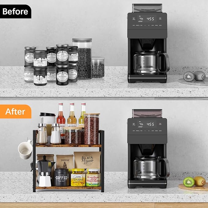 Coffee-Bar-Station-Organizer Shelf for Countertop, 2 Tiers Kitchen Counter Shelf Riser, Wooden Spice Rack Organizer, Coffee Bar Accessories(Rustic Brown, Large)