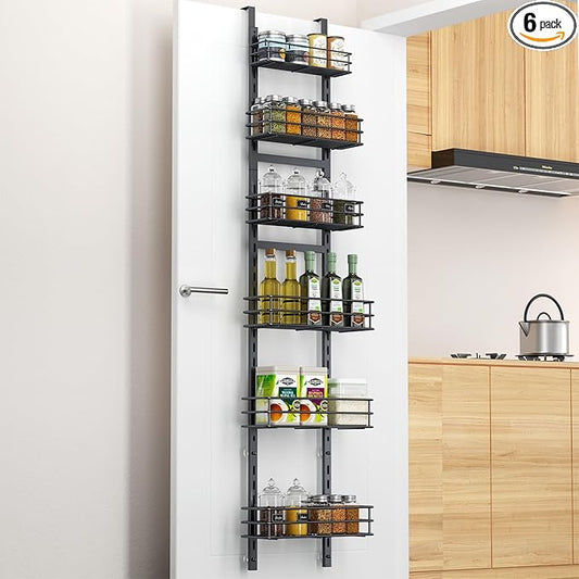 Pantry Door Organizer 12 Inch Wide, 6 Tier Hanging Adjustable Over the Door Spice Rack For Narrow Space