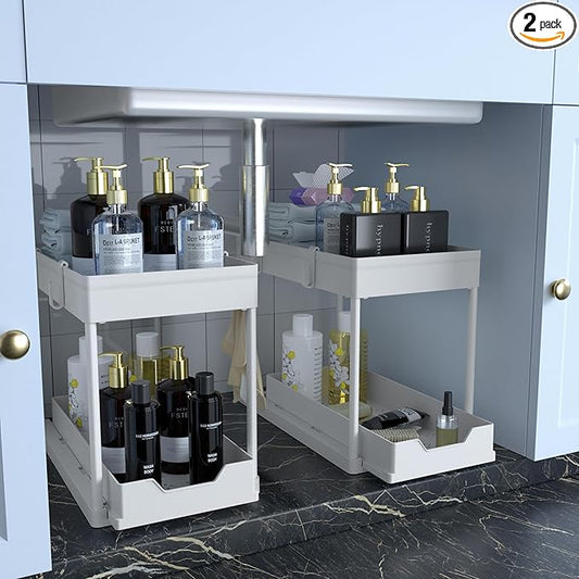 Cabinet, 2 Pack Under Sink Organizer, 2 Tier Sliding Bathroom Kitchen Organizer, Large White ABS Baskets, Easy Install & Clean