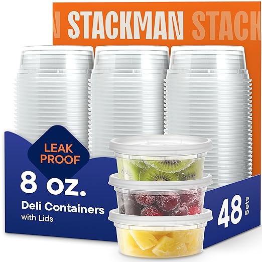 Stack Man [48 Sets - 8 oz.] Plastic Deli Disposable Food Storage Containers with Airtight Lids - Slime Containers with Lids