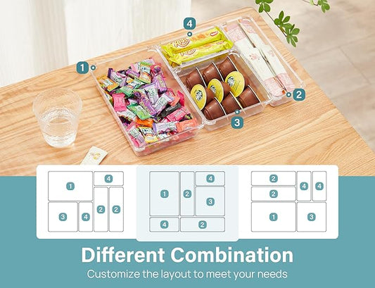 Kootek 9 Pcs Drawer Organizer Set, 4-Size Bathroom Vanity Trays Makeup Desk Dividers Versatile Storage Bins Clear Plastic Container for Dresser, Bedroom, Kitchen, Office