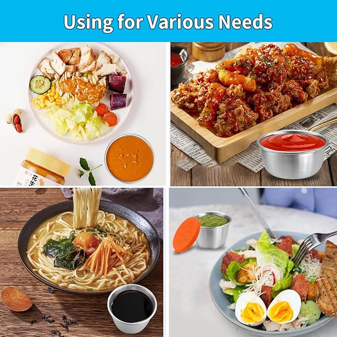 6-Piece Condiment Cups with Colorful Silicone Lids, 50ml Leak-Proof Metal Condiment Container, Stainless Steel Small Sauce Cups Ramekins Perfect for Outdoor Picnics, BBQ, Camping Sauce Storage