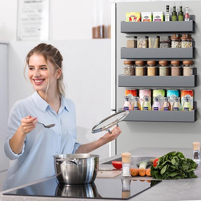 4 Pack Moveable Fridge Magnetic Spice Racks,Metal Grey