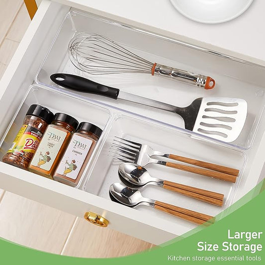 6 PCS Clear Plastic Drawer Organizer, Large 15" X 6" 3-Size Acrylic Stackable Kitchen Drawer Storage Tray, Bathroom Drawer Organizer Trays, Storage bins for Cosmetics Bathroom Kitchen Office