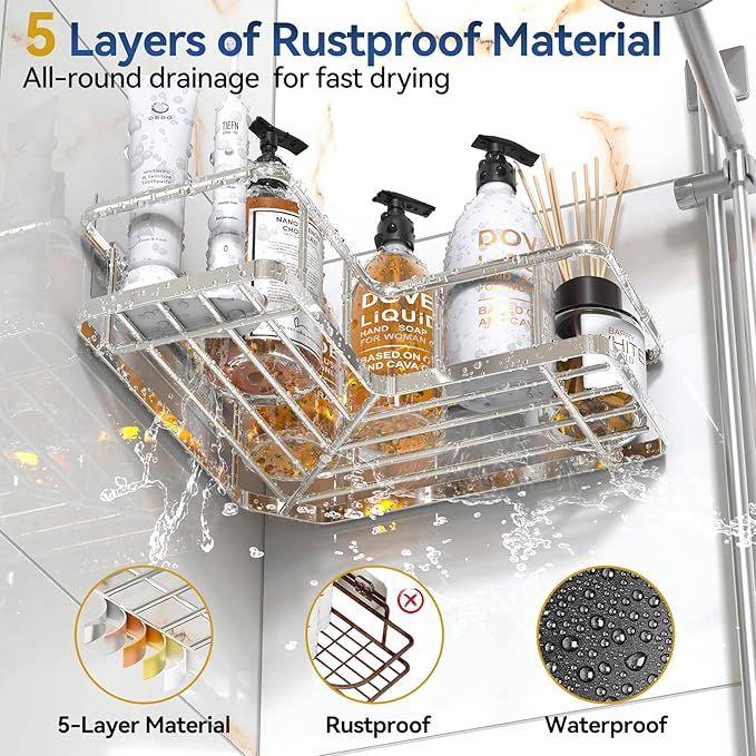 YASONIC Corner Shower Caddy Organizer, 5-Pack Self-Adhesive Rustproof Bath Shelves with Soap Holder & 4 Hooks, Large Capacity Shower Storage Rack for Bathroom Organization, Silver