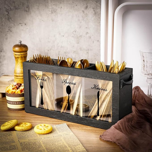 Nuenen Wooden Silverware Caddy Flatware Cutlery Holder Rustic Spoon Fork and Knife Countertop Holder 3 Section Flatware Dispenser Utensil Organizer Containers for Home Kitchen Restaurant