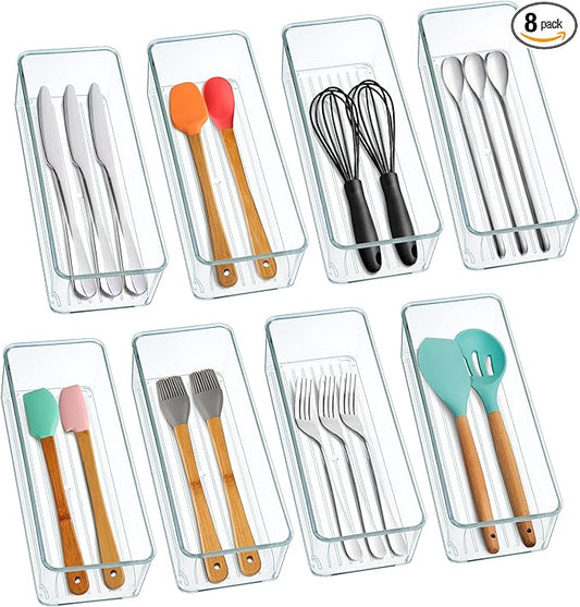 Hudgan 8 Pack Clear Plastic Drawer Organizer Bins Set, Stackable Cutlery Storage Bins Trays for Organizing Kitchen, Bathroom, Office, Crafts, Gadgets, Cabinet Supplies