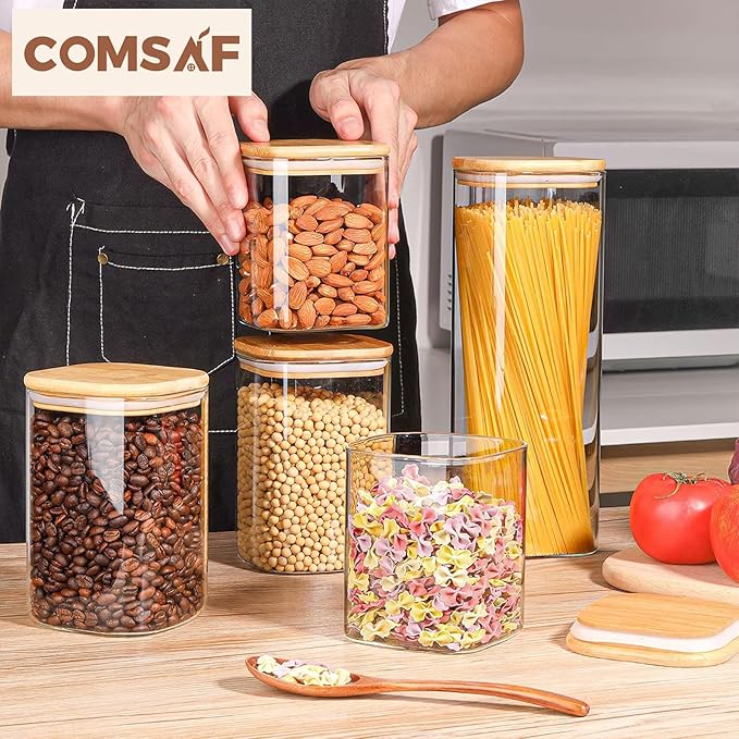 ComSaf Food Storage Containers with Airtight Lids Set of 6, Clear Glass Canister Food Jar with Sealing Lid Kitchen Pantry Storage Container for Spaghetti Pasta Sugar Flour Oat Cereal Beans, Square