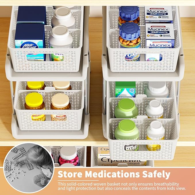 Bathroom Organizer with Dividers, 2Pcs 2 Tier Stackable Under Sink Organizers and Storage Cabinet Organizers for Bathroom Kitchen Pantry Organization and Storage, Medicine Cabinet Organizer