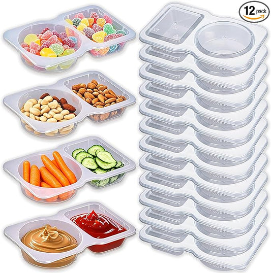 12Pcs Snack Pack Containers, Double Compartment Condiment Containers with Lids, Reusable Small Sauce Dipping Containers, Grab and Go Snack Containers, Disposable Snack Box Container for Kids Adults