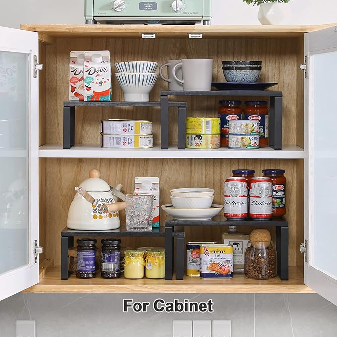 YMYNY Cabinet Shelf Organizer, Spice Racks Set of 4, Kitchen Counter Shelves, Stackable, Wood, Cupboard Organizer for Dishes, Seasoning, Cans, Coffee Mugs, Black, HSR002B-2