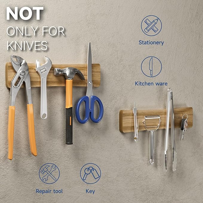 Magnetic Knife Holder for Wall, 10" Acacia Wood Knife Magnetic Strip Powerful Magnet Knife Holder Strip No Drill Use as Tool Key Storage Knife Bar, Knife Rack for Kitchen Utensil Organizer Light Brown
