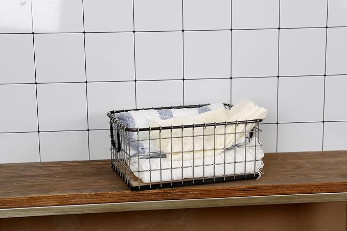 16" Rectangular Sturdy Hand Welded Farmhouse Metal Wire Basket with Rustic Wooden Bottom For Shelves, Closet Storage Bins for Shelves. Also For Laundry, Towel, Spice Rack, Tool Box (1)