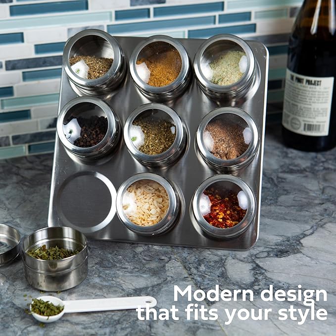 Uncluttered Designs Intergalactic Spice Rack Set With Magnetic Jars, Stand and Wall Mount (9 Tin)