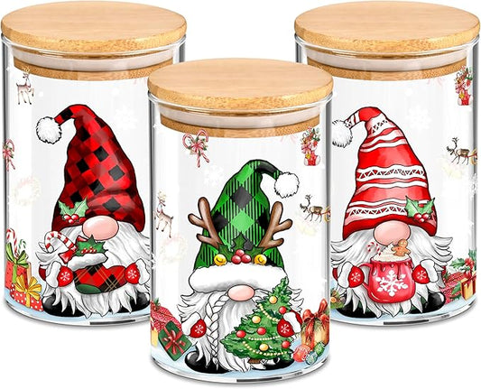 3 Pack Christmas Glass Storage Jars With Airtight Bamboo Lid Gnome Snowflakes Canister Sets for Kitchen Countertop Decor Cookie Jars Candy Containers