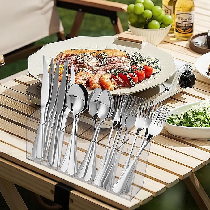 Acrylic Cutlery Storage Organizer Holder Silverware Caddy for Kitchen Countertop -Holds Fork, Knife, Spoon, Silverware - 6 Divided Sections Transparent