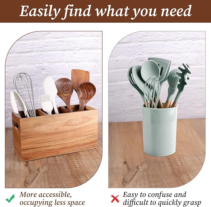 Wooden Utensil Holder, 3 Compartment Spatula Holder Natural Acacia Wood Silverware Organizer Large Boho Rustic Cooking Tool Caddy for Farmhouse Kitchen Counter Decor and Storage Spoons