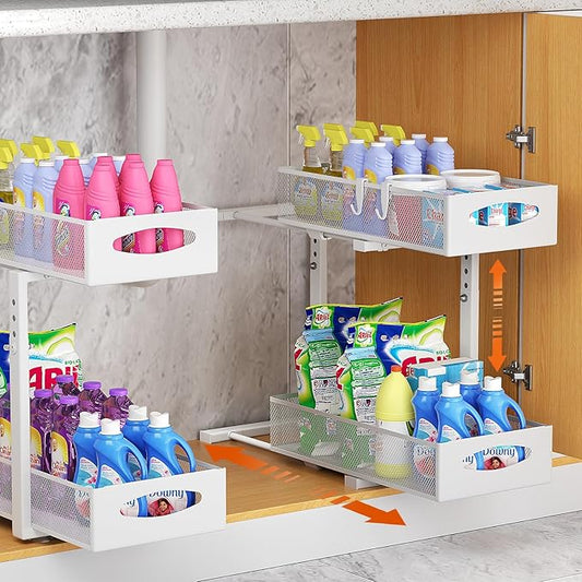 Under Sink Organizer, 2 Tier Metal Pull Out Under Sink Storage with Sliding Mesh Drawers, Height Adjustable Slide Out Under Sink Organizer for Kitchen Bathroom Cabinet, 2 Pack, White