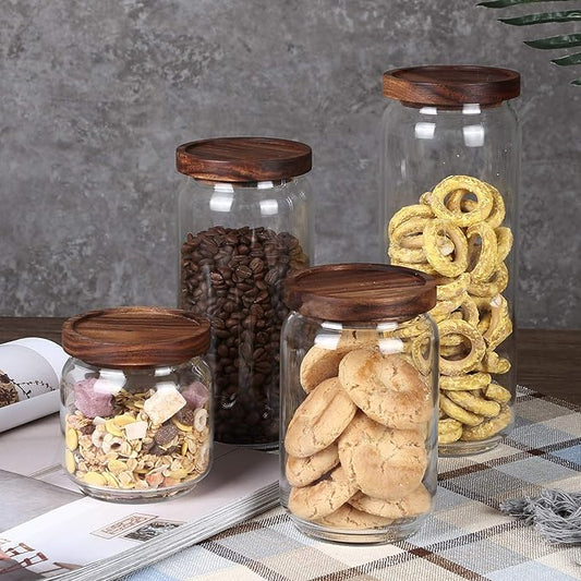 KKC HOME ACCENTS Clear Glass Food Storage Canisters with Airtight Wooden Lids for Coffee Beans,Ground Coffee,Loose Leaf Tea,Pack of 4