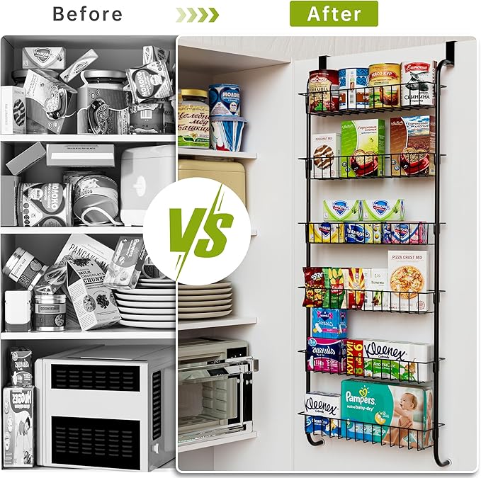 Over the Door Organizer, 6-Tier Kichen Organizer and Storage with Detachable Metal Baskets, Space Saving Hanging Spice Rack Organizer for Kitchen Pantry Bathroom Bedroom