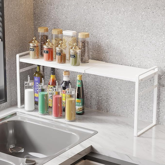 Expandable Metal Spice Organizer Shelf, Standing Small Narrow Rack for Seasonings, Adjustable Kitchen Storage Shelf Countertop (White, L13.7-23.6''*W3.54''H7'')