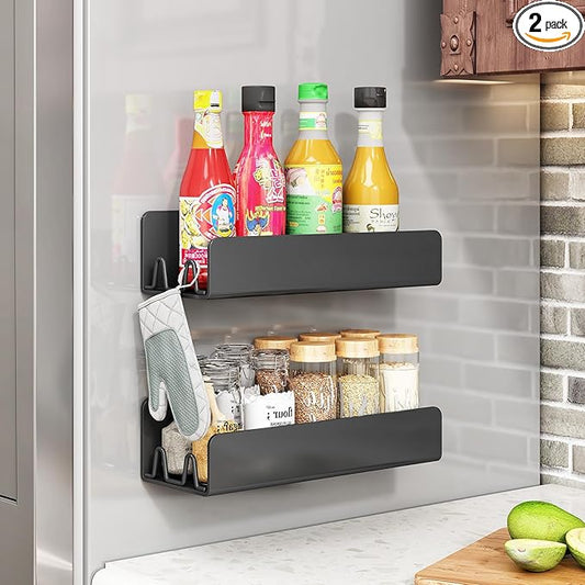 Magnetic Spice Rack for Refrigerator, Magnetic Shelf Fridge Spice Rack Organizer 2 Pack with 8 Hooks, Moveable Strong Magnetic Seasoning Organizer and Shelf for Kitchen Refrigerator Microwave