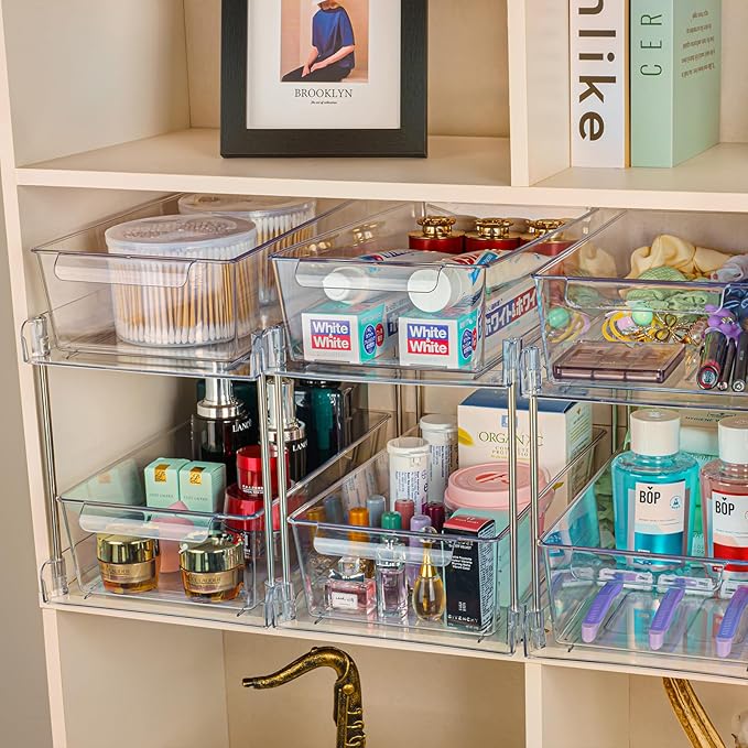 2 Pack 2-Tier Bathroom Under Sink Organizers and Storage - Clear Stackable Containers for Kitchen, Pantry, Vanity, Medicine Cabinet, Makeup, and Counter with Pull-Out Track