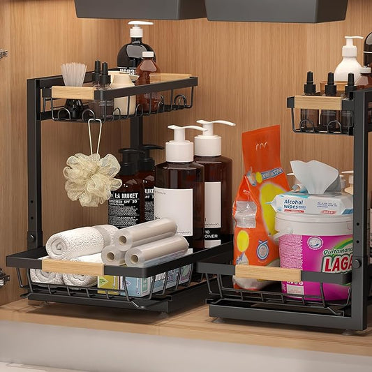 2 Packs Under Sink Organizer, High Adjustable 2 Tier Under Kitchen sink organizer, Multi-Purpose Storage Shelf for Kitchen Bathroom Cabinet, Black