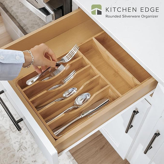 Silverware Organizer - Cutlery, Flatware, and Utensil Holder for Kitchen Drawers, Fixed 10.5” Width, 7 Storage Compartments, Non-Slip Feet, Rounded Corners, 100% Bamboo
