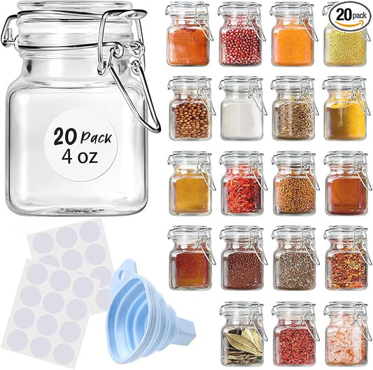 Spice Jars 20 Pack Small 4 oz Glass Jars with Airtight Hinged Lids, Spice Herb Jars with Labels and Silicone Funnels, 4oz Glass Jars with Lids Ideal for Spice Herbs
