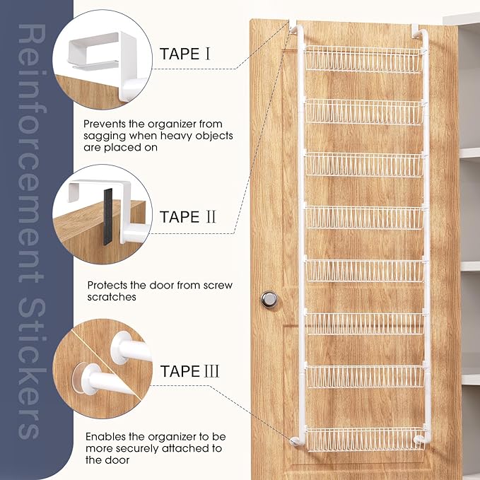 Goovilla Over The Door Pantry Organizer, 8-Tier Pantry Organization and Storage, Metal Hanging Spice Rack for Pantry Door, Kitchen, Laundry, Bathroom Organization, Back of Door Seasoning Rack, White