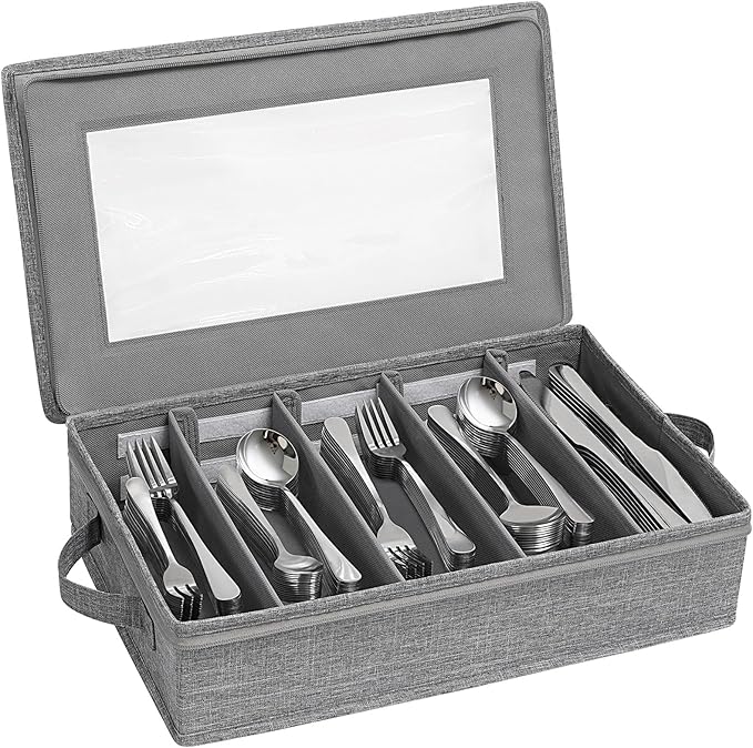 Lifewit Silverware Storage Box, Flatware Organizer with Zipper Lid, 5 Compartment Cutlery Case with Adjustable Divider and Handle, Utensil Container for Spoon Fork Knives Tableware, Gray, 1 Pack